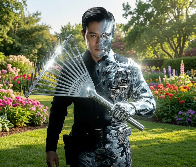 A man with a partially chrome/silver metallic face and body holding a fan-like weapon in a garden setting with colorful flowers.