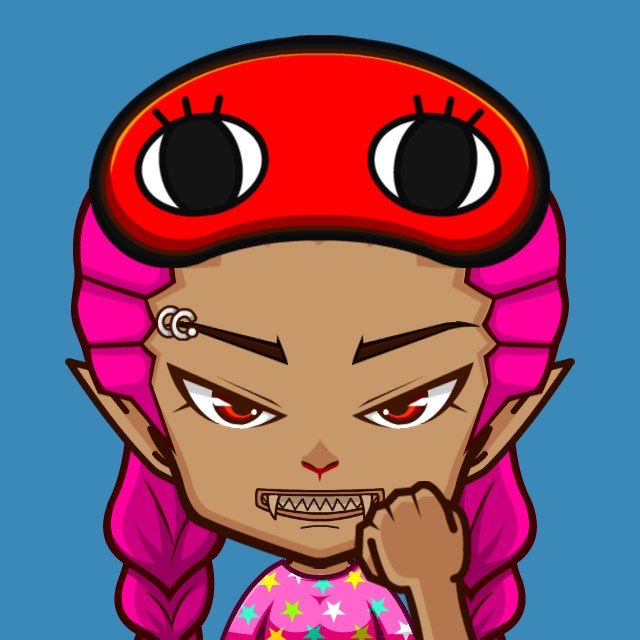 A cartoon character with pink hair styled in two braids, a red headpiece featuring two large eyes, pointed ears, and an angry expression showing sharp teeth wears a pink star-patterned shirt. The image's fierce expression contrasts playfully with the post's calm "good night" message, which shares a Polymarket NFT link on OpenSea.