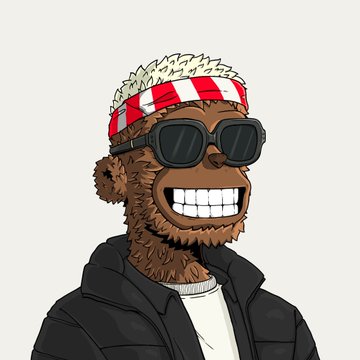 A cartoon illustration of a smiling brown furry character with a wide grin, wearing black sunglasses, a red and white checkered headband, and a black puffer jacket over a white shirt.