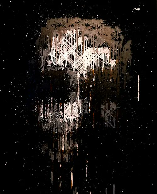 A dark, abstract digital image features distorted white shapes and streaks against a black background, resembling glitchy light or static patterns.