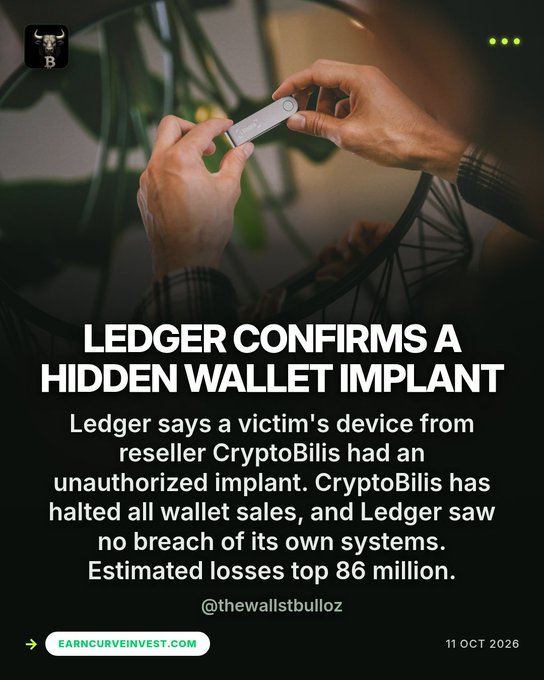 A news-style graphic with the headline "LEDGER CONFIRMS A HIDDEN WALLET IMPLANT" and a photo of hands holding a Ledger hardware wallet. The text explains Ledger says a victim's device from reseller CryptoBilis had an unauthorized implant, with estimated losses topping 86 million, credited to @thewallstbulloz and dated 11 OCT 2026.