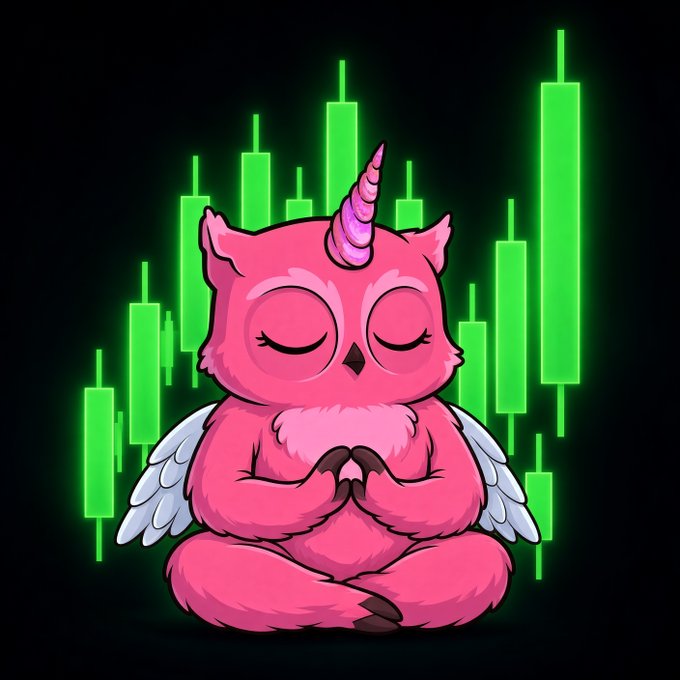 A cartoon illustration of a pink owl-unicorn hybrid with wings, sitting in a meditative lotus pose with closed eyes against a backdrop of glowing green trading candlesticks.
