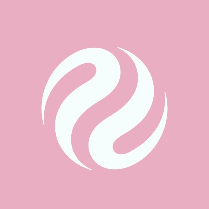 A stylized white circular logo featuring curved, swirling shapes on a pink background.