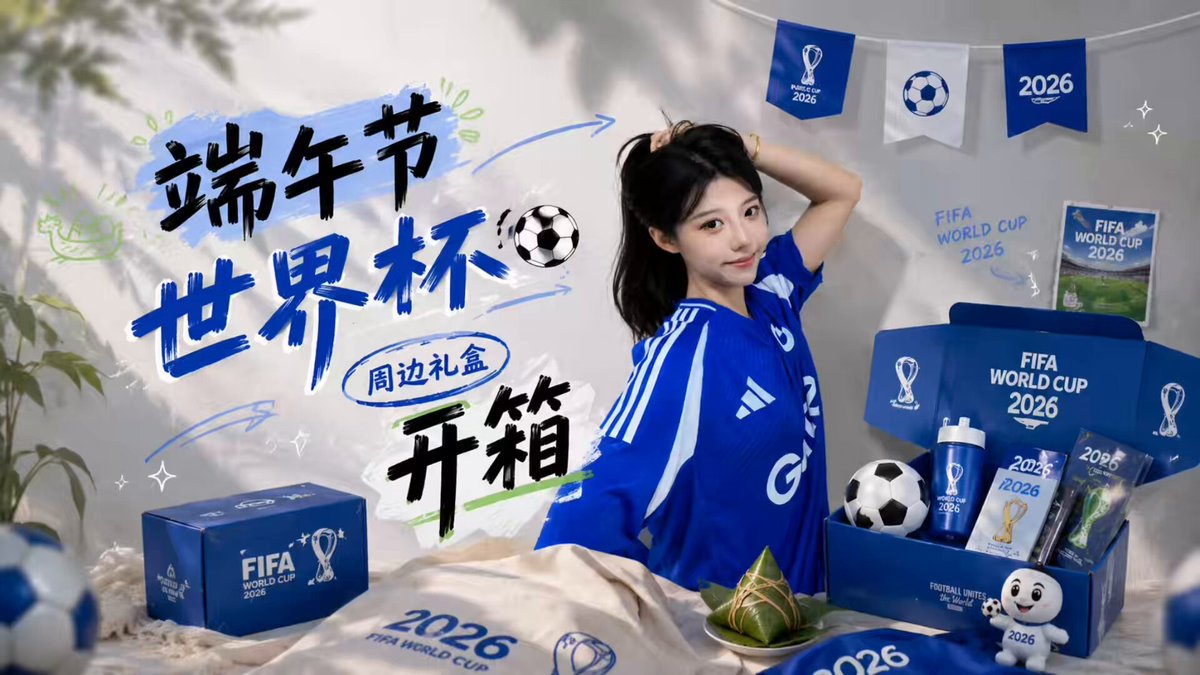 The image features a woman wearing a blue soccer uniform, posing for a picture with a box of soccer balls around her. The background includes a banner that says "FIFA World Cup 2016" written in Chinese characters. There are also other soccer-related items such as a soccer ball and a trophy displayed on the wall behind the woman.