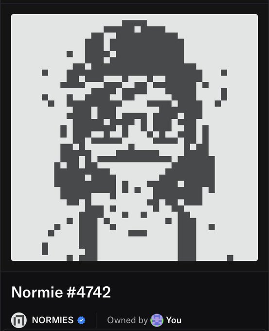 A pixel art NFT called "Normie #4742" from the NORMIES collection, owned by "You", showing a grayscale character portrait.