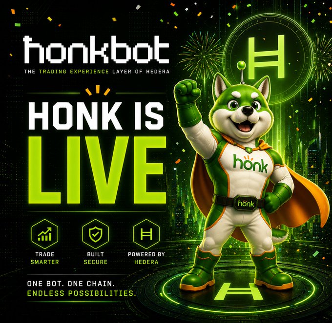 The image features a cartoon dog dressed as a superhero, standing on a platform with a banner that reads "HONK IS LIVE". The background of the image is black, but there are fireworks visible behind the dog, suggesting a festive atmosphere or celebration. The text in the image includes the words "HONK" and "IS", which could be related to the superhero's identity or title. Additionally, there is a description that reads "The best Telegram trading bot on สมายงนี้ทระการิมายงนี้ทร", which could be an advertisement for a messaging app or a social media platform.