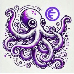 A purple-toned tattoo-style illustration of an octopus with curling tentacles and a crescent moon, accompanied by a Euro (€) symbol logo.