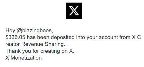 The image shows an X (formerly Twitter) Monetization notification confirming a deposit of $336.05 to the account @blazingbees from the X Creator Revenue Sharing program. This relates to the post by Katoo, which cites the payment amount as evidence of a 4.93% earnings increase from the previous period while noting it's well below the $600 peak.