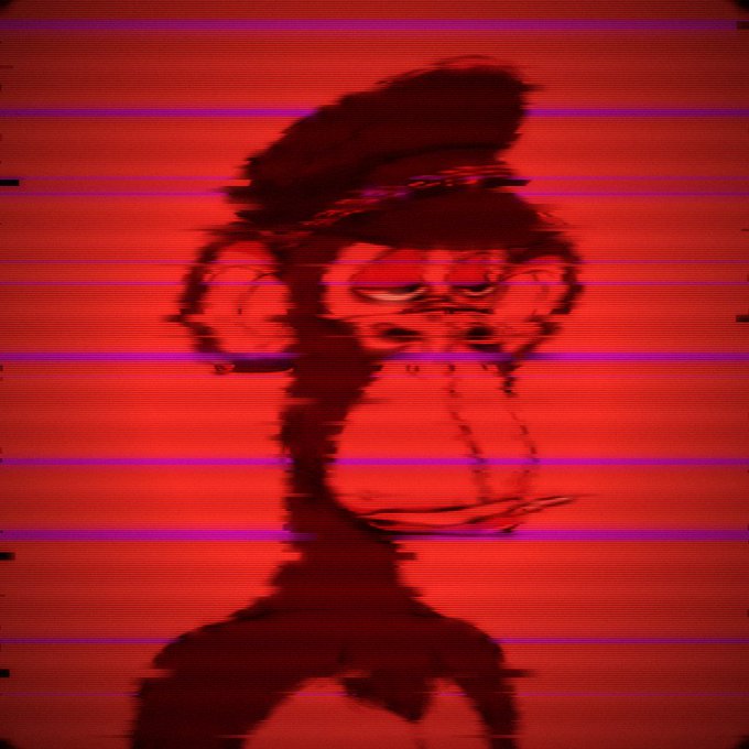 A heavily glitched, distorted image with red and purple horizontal scan lines showing a barely visible figure of a character, possibly mid-animation or corrupted video frame.