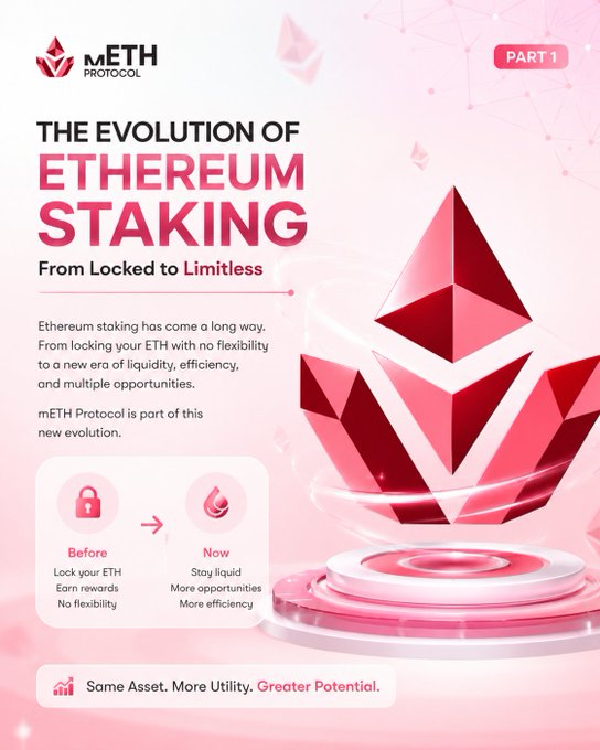 The image features an advertisement for Ethereum that highlights the evolution of the Ethereum ecosystem. The poster shows a red diamond-shaped token with a pink gemstone at its center, symbolizing the growth and development of the cryptocurrency market over time. The text on the poster emphasizes how staking has evolved from being a mundane task to becoming more exciting due to the increasing popularity of DeFi projects.

The post explains that Ethereum is evolving rapidly in terms of ecosystem growth and adoption, which has led to changes in the way people interact with it. It also mentions that some assets are now worth more than their initial value when they were staked, indicating a shift in the perception of staking as a passive activity. The poster encourages viewers to "Focus on what is in the image and how it relates to the post".