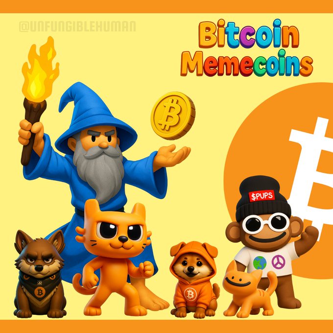 The image features a cartoon-style illustration of five cartoon characters, including a wizard with a blue hat holding a golden coin, a cat wearing sunglasses, two dogs, and another cat. The background shows an orange circle with the words "Bitcoin Memecos" written on it in white letters. The post encourages people to create their own Bitcoin Memecos using these characters as inspiration.