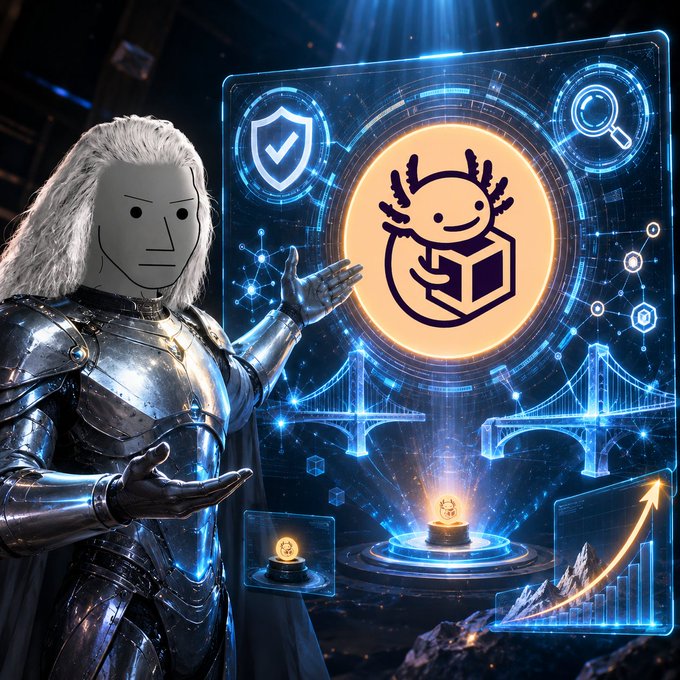 A knight in silver armor holds a glowing blue schematic displaying axol.io's smiling mascot cradling a box, surrounded by security and verification icons, with an arrow trending upward, symbolizing the significance of Nethermind Security's audit of the PXE Bridge for ERC-8262.