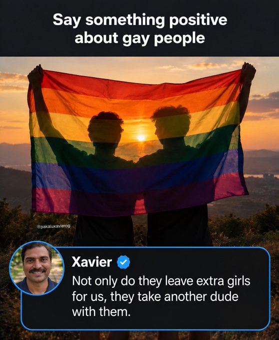 The image is a "Say something positive about gay people" meme featuring two silhouetted figures holding a rainbow flag against a sunset, overlaid with a tweet reading "Not only do they leave extra girls for us, they take another dude with them." The accompanying caption "Insane Tokenomics!" appears to humorously reframe the joke as commentary on dating "supply and demand" economics among men.