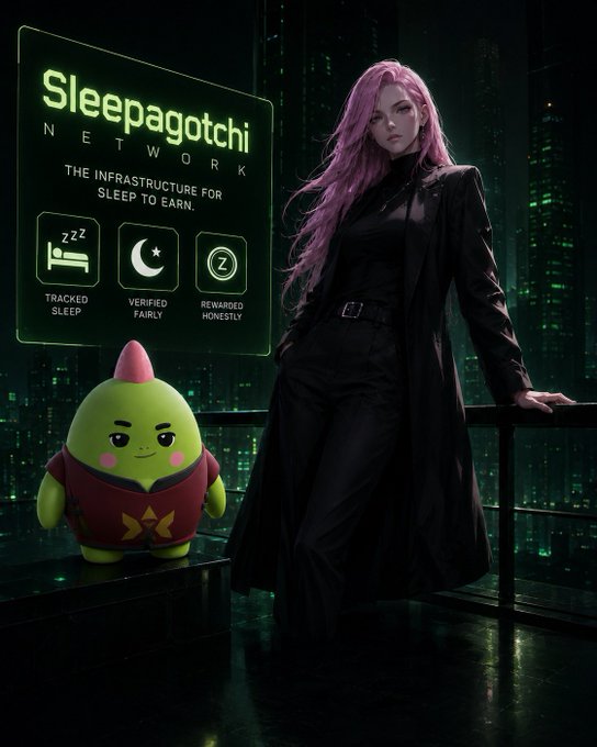 A 'Sleepagotchi Network' promotional image featuring a pink-haired anime woman in black and a small green character, advertising it as 'The Infrastructure for Sleep to Earn.'