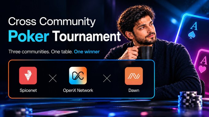 A promotional graphic for a "Cross Community Poker Tournament" featuring three partners—Spicenet, OpenX Network, and Dawn—alongside an image of a focused poker player at a table with cards and chips, directly advertising the multi-community poker showdown happening on October 9, 2026.