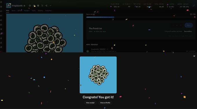 The image shows a screenshot from FrogSpawnk NFT platform displaying "The Pond List" ranked 30/102, with a celebratory pop-up reading "Congrats! You got it!" alongside a cluster of cartoon frog NFT artwork on a blue background. This visually confirms the successful free mint of a Herbertonic frog NFT as mentioned in the post.