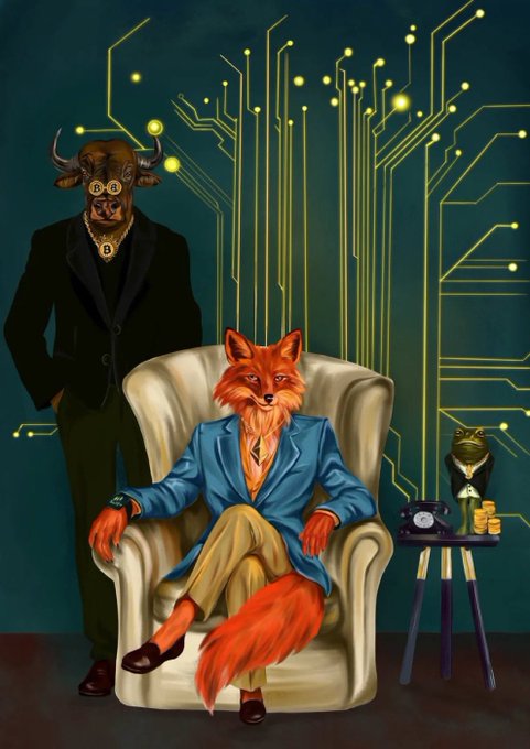 A digital painting showing a fox in a blue blazer sitting in an armchair, a bull in a suit standing behind it, a frog in a suit on a phone, and circuit board patterns on a dark green background.