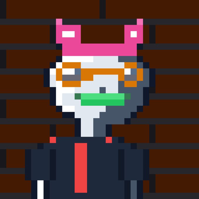 A pixel art portrait of a character with a pink crown-like headpiece, orange sunglasses, green mouth/lips, and a dark suit with a red tie against a brick wall background.