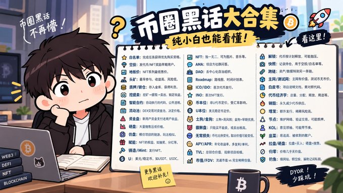 A cartoon illustration of a boy at a desk looking at a laptop, next to a Chinese infographic titled '币圈黑话大合集' (Crypto Slang Compilation) that explains various cryptocurrency terms like NFT, AMA, and DeFi.