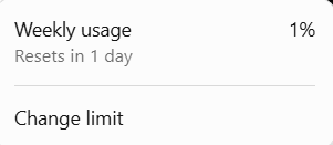 A mobile app interface displays 'Weekly usage' at 1% with the text 'Resets in 1 day' below it, followed by a horizontal divider line and a 'Change limit' option.