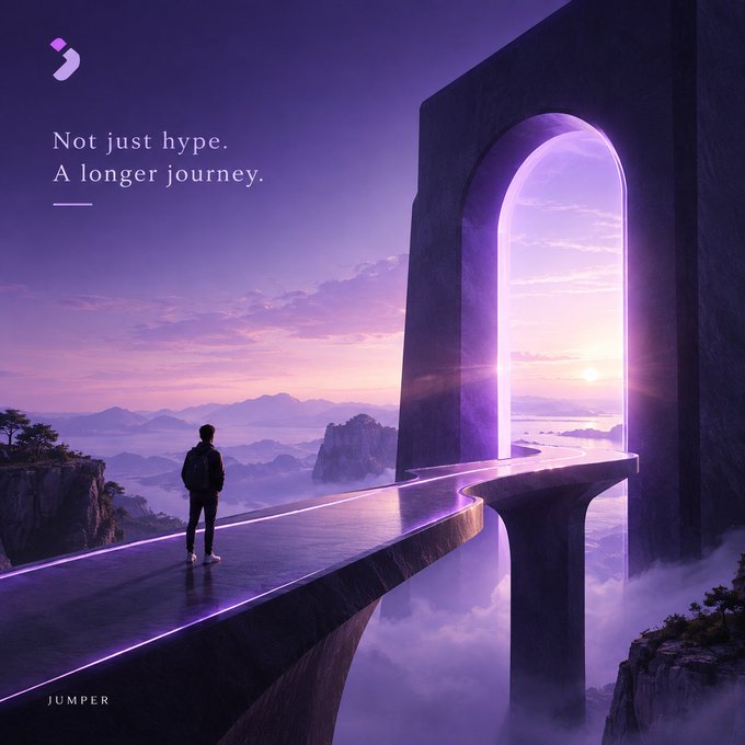 A digital artwork promoting 'JUMPER' with the tagline 'Not just hype. A longer journey.' depicting a silhouetted figure standing on a glowing path through a stone archway against a purple sunset landscape.