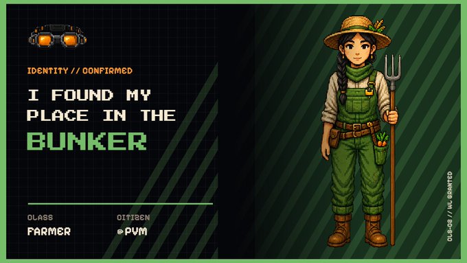 A digital identification card in pixel art style featuring a female farmer character with a pitchfork, hat, and green overalls, with text reading 'IDENTITY // CONFIRMED', 'I FOUND MY PLACE IN THE BUNKER', 'CLASS: FARMER', and 'CITIZEN: eDVM'.