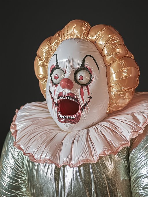 A grotesque inflatable clown figure with orange hair, a white face, and blood-like streaks against a black background.