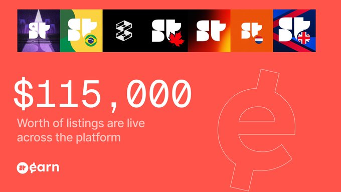 A promotional graphic on a coral background displays "$115,000 worth of listings are live across the platform" alongside the Earn logo and a large outlined "e" symbol, with the "st" logo repeated across various country flags (including the US, Brazil, Canada, and others) at the top, visually reinforcing the post's announcement about $115,000 in live bounties available on Earn.