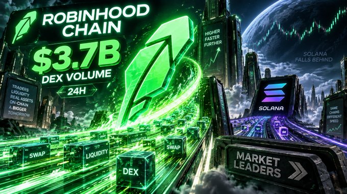 A vibrant digital promotional graphic for 'Robinhood Chain' highlighting '$3.7B DEX VOLUME 24H' with slogans 'Higher, Faster, Further' and 'Solana Falls Behind'.