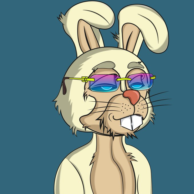A cartoon drawing of a beige and brown rabbit (or hare) with floppy ears, wearing oversized, colorful gradient sunglasses, against a solid blue background.