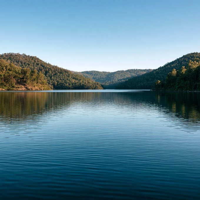 A serene view of a calm lake reflecting the sky, surrounded by forested mountains under clear weather.