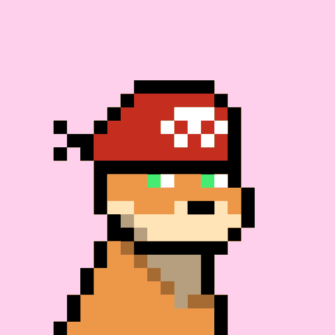 A pixel-art Mario-like character in a red cap faces right against a solid pale pink background.