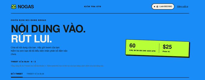 A blue website landing page for NOGAS with the headline 'NỘI DUNG VÀO. RÚT LUI.' and a yellow pricing box showing 60 tỷ CT scan and $25 insurance fee, plus Vietnamese descriptive text.