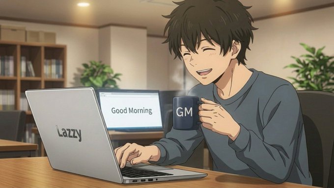 The image features a man sitting at a desk with an open laptop computer. He has a coffee cup next to him, suggesting that he might be working or studying while enjoying his beverage. The background includes a chair and a potted plant, indicating that this scene takes place in an office setting. The post about the man's good morning seems to be promoting a new cryptocurrency called " crypto fam!".