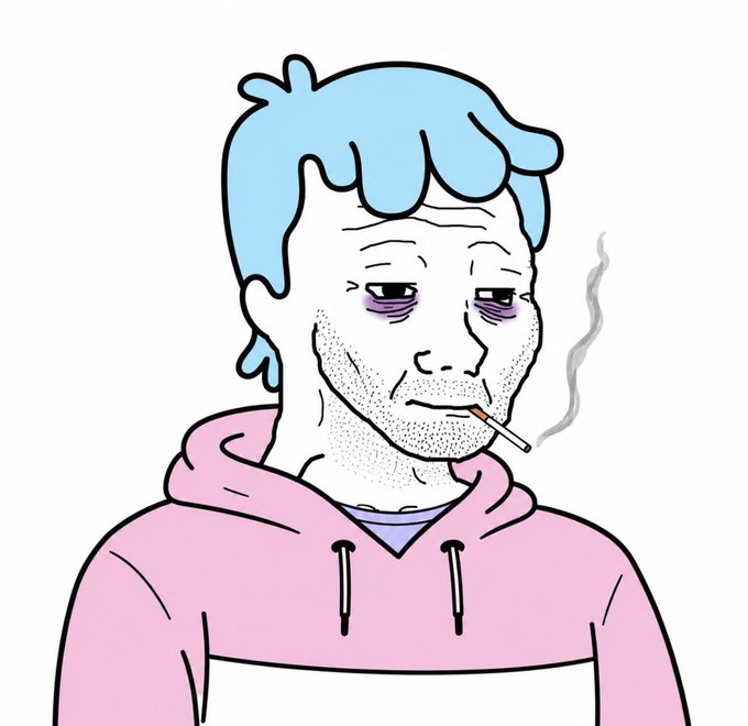 A cartoon illustration of a tired-looking man with blue hair, stubble, and dark circles under his eyes, wearing a pink hoodie and smoking a cigarette.