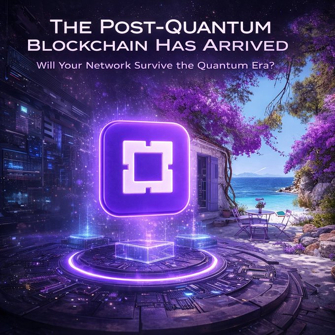 Promotional graphic for a blockchain project titled 'The Post-Quantum Blockchain Has Arrived: Will Your Network Survive the Quantum Era?', featuring a glowing purple blockchain logo over a futuristic scene.