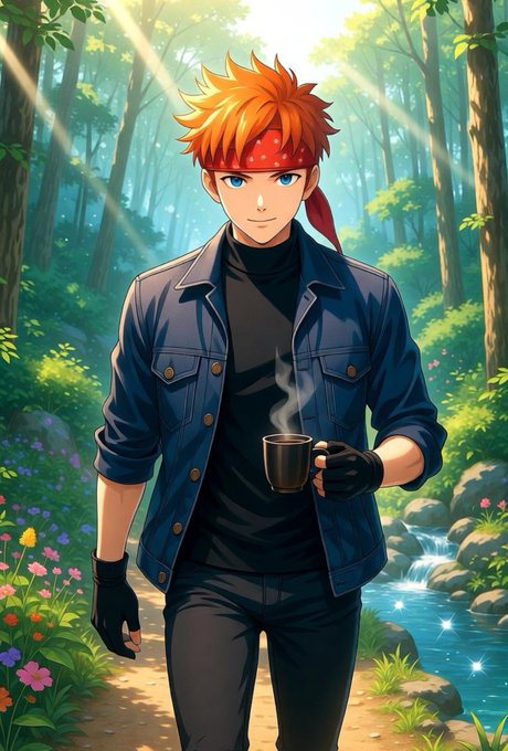 An anime-style illustration of a young man with spiky orange hair and a red bandana, wearing a blue denim jacket over a black shirt, holding a steaming black cup of coffee in a sunlit forest setting.