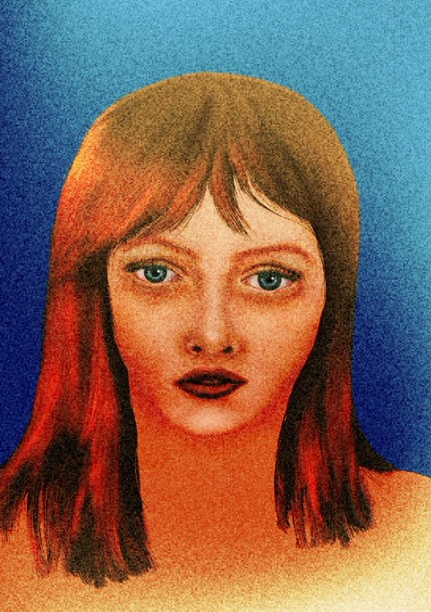 A stylized portrait illustration of a young woman with brown hair, bangs, and blue eyes, rendered in warm orange and red tones against a textured blue background.