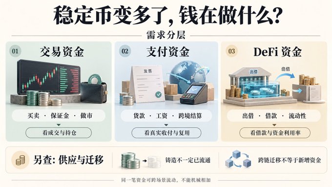 An infographic in Chinese about stablecoins, titled "稳定币变多了,钱在做什么?" (Stablecoins are multiplying, what is money doing?), categorizing demand into trading funds, payment funds, and DeFi funds.