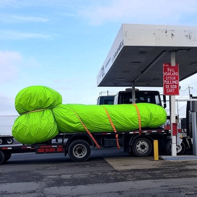 A flatbed truck carrying oversized bright green-wrapped cargo at a gas station with a sign reading 'FULL HOAKARO OITER TEH TULING SE SOO CART'.