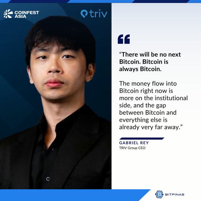 A promotional graphic from Coinfest Asia featuring Gabriel Rey, TRIV Group CEO, with a quote: "There will be no next Bitcoin. Bitcoin is always Bitcoin. The money flow into Bitcoin right now is more on the institutional side, and the gap between Bitcoin and everything else is already very far away."