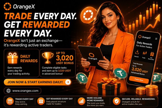 This image is a promotional banner for OrangeX, featuring a woman in an orange blazer holding a tablet, with text promoting "TRADE EVERY DAY. GET REWARDED EVERY DAY." Key highlights include daily rewards for active traders, up to 3,020 USDT in advanced bonus, and a call-to-action to "JOIN NOW & START EARNING DAILY" via orangex.com, aligning with the post's emphasis on daily rewards and the USDT bonus.