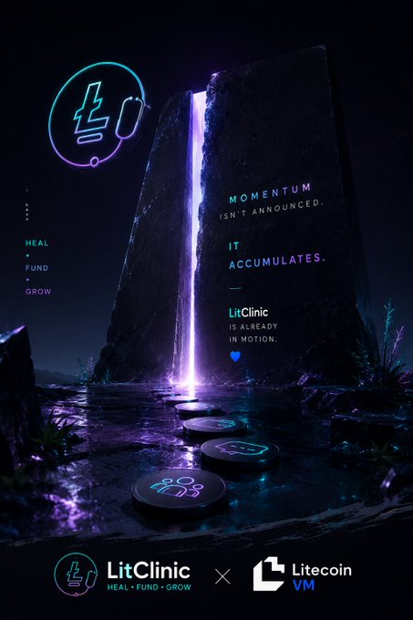 A promotional image for 'LitClinic' in collaboration with Litecoin VM, featuring a neon-lit sci-fi scene with the text 'MOMENTUM ISN'T ANNOUNCED. IT ACCUMULATES. LitClinic IS ALREADY IN MOTION.'