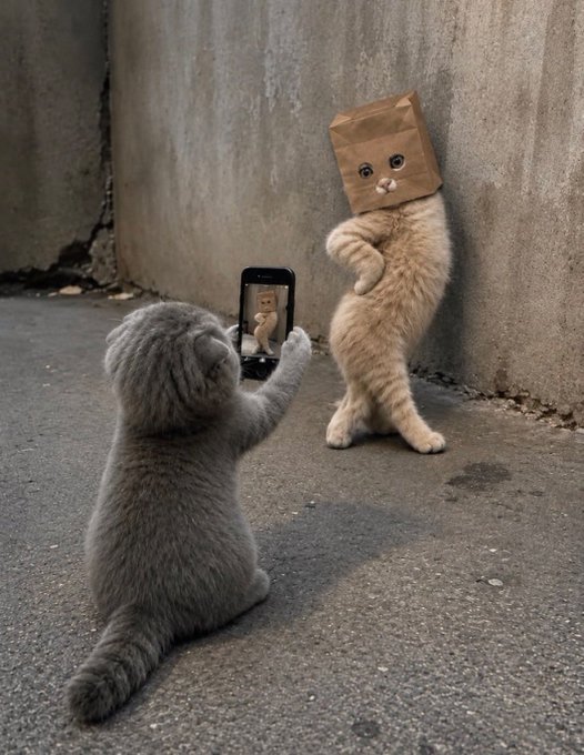 A gray kitten holds up a smartphone to photograph an orange kitten who is striking a pose against a concrete wall with a brown paper bag (featuring a cute drawn face) over its head. The image cleverly parallels the post's playful theme, with the bagged cat resembling a "memecoin" wrapped in mystery while the photographer cat acts as the discerning investor capturing the moment—matching the post's lighthearted take on pairing volatile memecoins with stable private hard money.