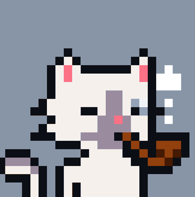 A pixel art illustration of a white cat with pink ears holding what appears to be a brown fish or treat.