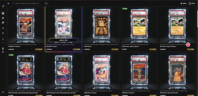 A dark-themed NFT marketplace interface displaying a grid of Pokémon TCG card listings, including #036 Electrode, #077 Ponyta, #092 Golurk, #103 Exeggutor, #104 Team Japan's Pikachu, #129 Magikarp, and #135 Jolteon, with prices in XTZ.