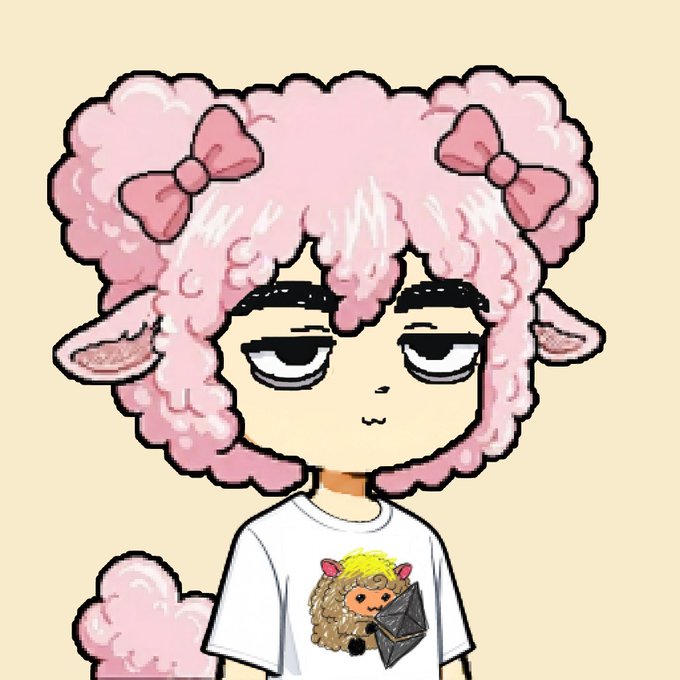 The image features a cartoon character with pink hair, wearing a white shirt that has a picture of a sheep on it. The character also has a bow in their hair. The caption "ok I guess I sheep" suggests that the character might be a sheep or is related to one in some way.