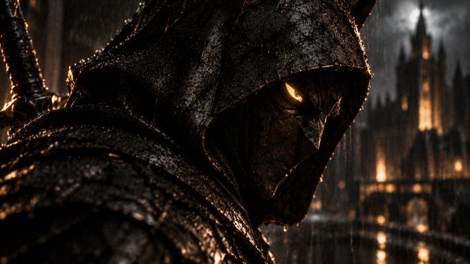 A dark, hooded figure with glowing amber eyes stands in the rain, with a gothic city skyline glowing in the background, evoking a brooding, determined warrior.

The image pairs with the message as a symbol of perseverance—suggesting that pursuing one's dreams requires the same fierce, unwavering resolve as a warrior facing daunting challenges, but reminding the reader not to let that intensity overshadow the lightness and care their aspirations deserve.