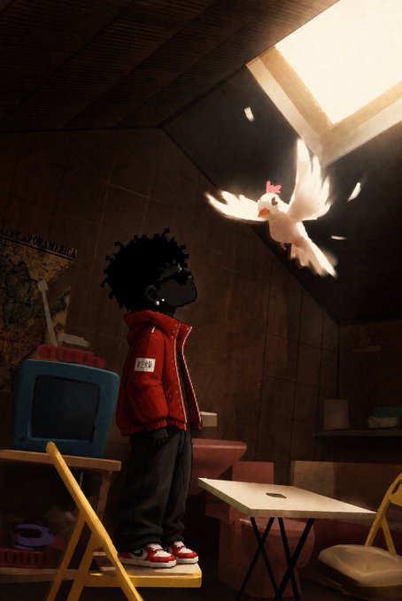 A digital illustration of a child with an afro wearing sunglasses and a red jacket standing on a chair, watching a white dove fly toward a beam of light from a skylight.