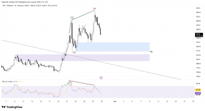 The image shows a TradingView chart of $TAO/USDT on Binance (Aug 26, 2024, 21:11 UTC) with price around 224.8, featuring an Elliott Wave analysis marking an impulse wave (1, 2, 3, 4, 5) breaking diagonal resistance at ~215, with a developing flat correction and bearish RSI divergences (45.54, classic 45.94, 55.01) below in the indicator panel.